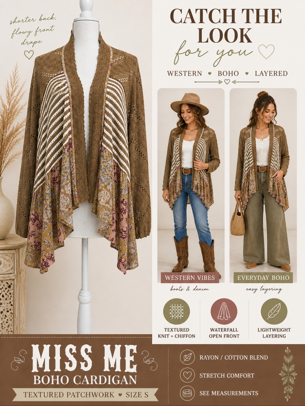Miss Me Brown Boho Patchwork Cardigan with Cream & Pink Accents